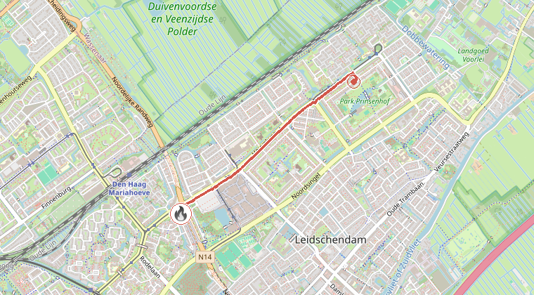 Kaart van de omgeving van de melding, met de kazerne die is gealarmeerd