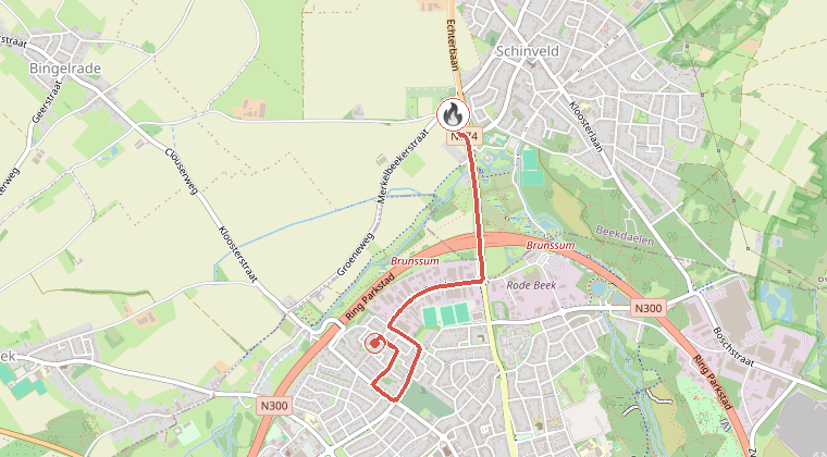 Kaart van de omgeving van de melding, met de kazerne die is gealarmeerd