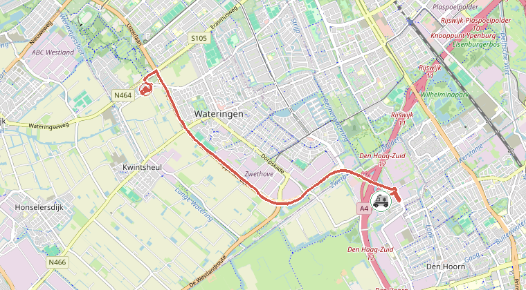 Kaart van de omgeving van de melding, met de kazerne die is gealarmeerd
