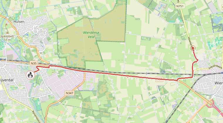 Kaart van de omgeving van de melding, met de kazerne die is gealarmeerd