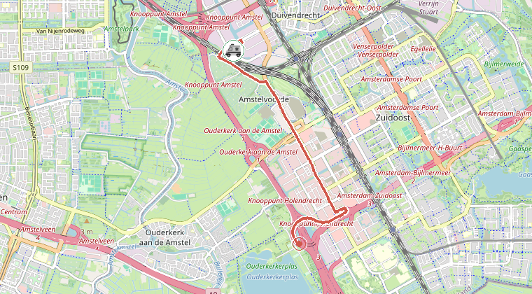 Kaart van de omgeving van de melding, met de kazerne die is gealarmeerd