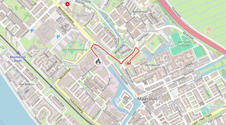 Kaart van de omgeving van de melding, met de kazerne die is gealarmeerd
