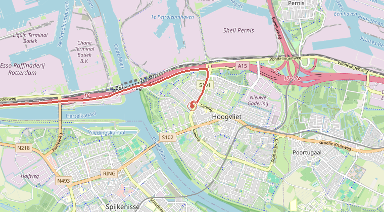 Kaart van de omgeving van de melding, met de kazerne die is gealarmeerd