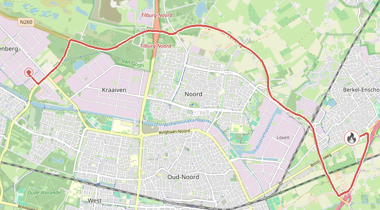 Kaart van de omgeving van de melding, met de kazerne die is gealarmeerd