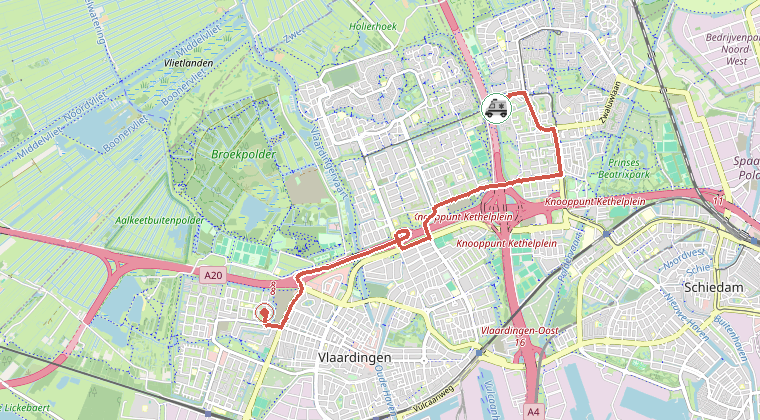 Kaart van de omgeving van de melding, met de kazerne die is gealarmeerd