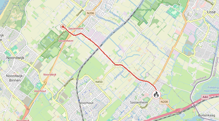 Kaart van de omgeving van de melding, met de kazerne die is gealarmeerd