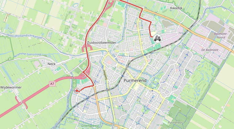 Kaart van de omgeving van de melding, met de kazerne die is gealarmeerd