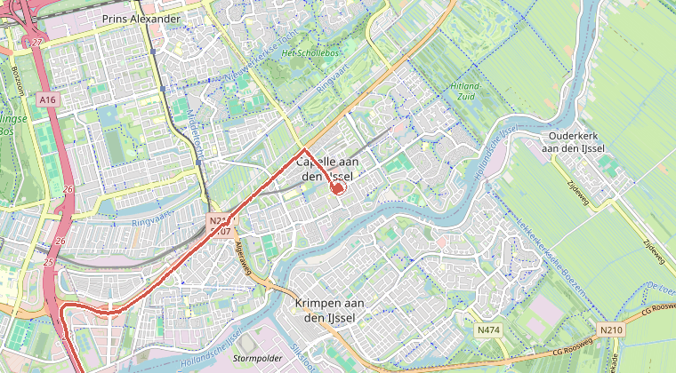 Kaart van de omgeving van de melding, met de kazerne die is gealarmeerd