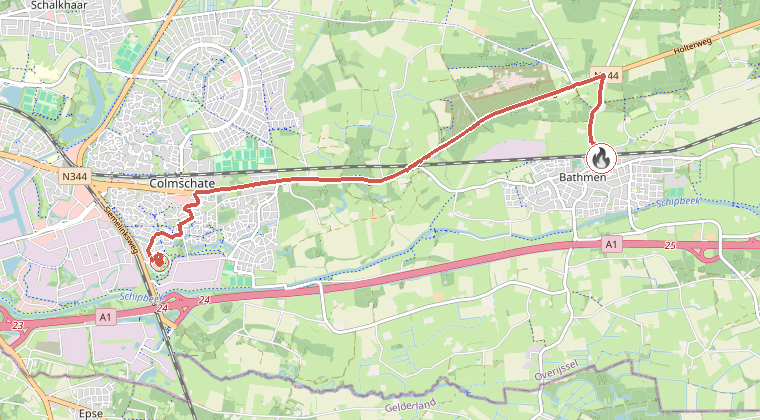 Kaart van de omgeving van de melding, met de kazerne die is gealarmeerd