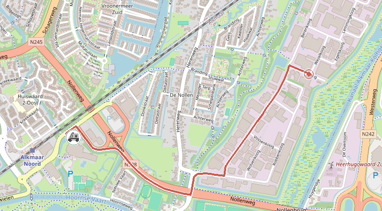 Kaart van de omgeving van de melding, met de kazerne die is gealarmeerd