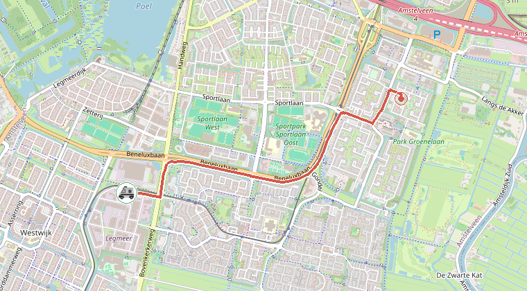 Kaart van de omgeving van de melding, met de kazerne die is gealarmeerd