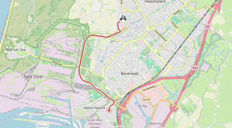 Kaart van de omgeving van de melding, met de kazerne die is gealarmeerd