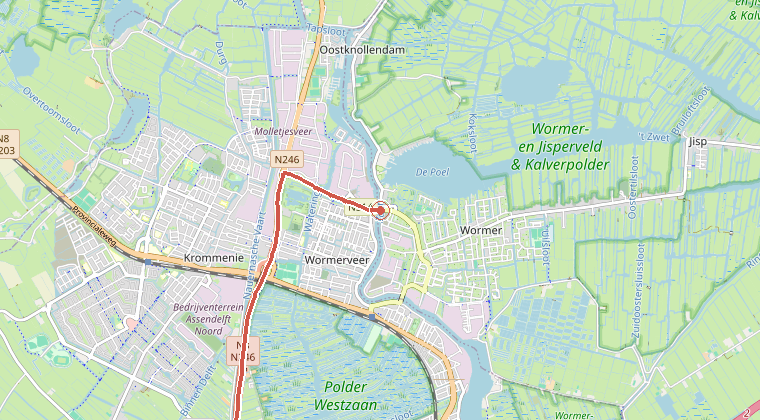 Kaart van de omgeving van de melding, met de kazerne die is gealarmeerd