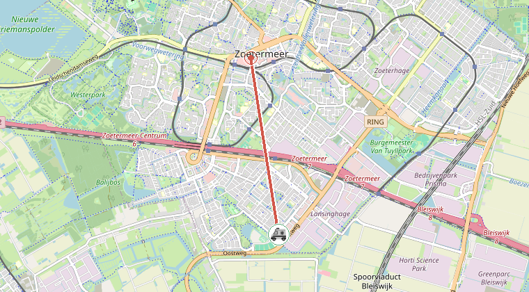 Kaart van de omgeving van de melding, met de kazerne die is gealarmeerd