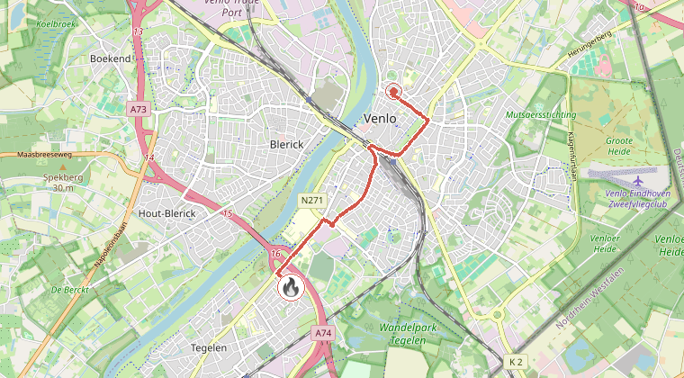 Kaart van de omgeving van de melding, met de kazerne die is gealarmeerd
