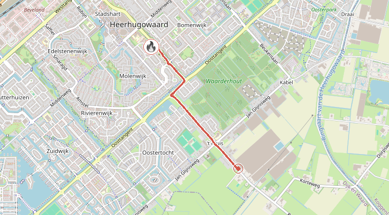 Kaart van de omgeving van de melding, met de kazerne die is gealarmeerd