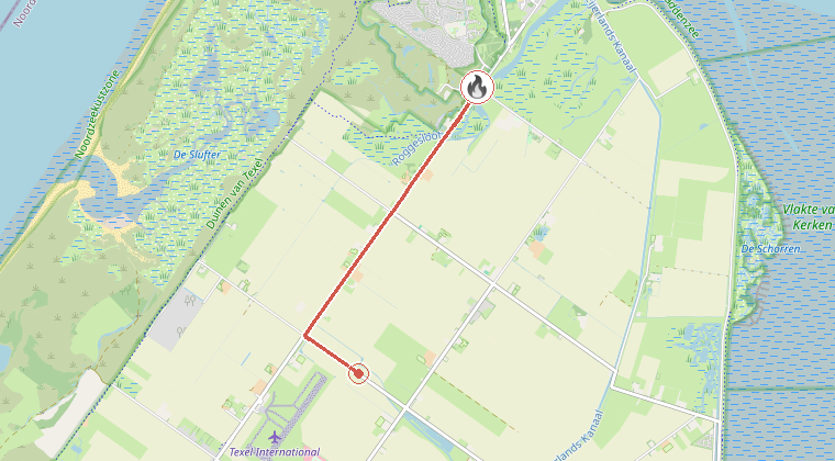 Kaart van de omgeving van de melding, met de kazerne die is gealarmeerd
