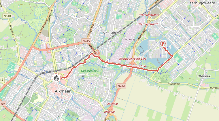Kaart van de omgeving van de melding, met de kazerne die is gealarmeerd