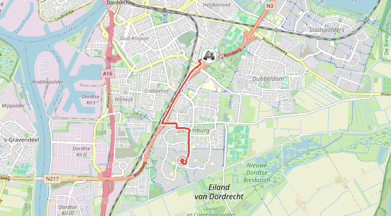 Kaart van de omgeving van de melding, met de kazerne die is gealarmeerd