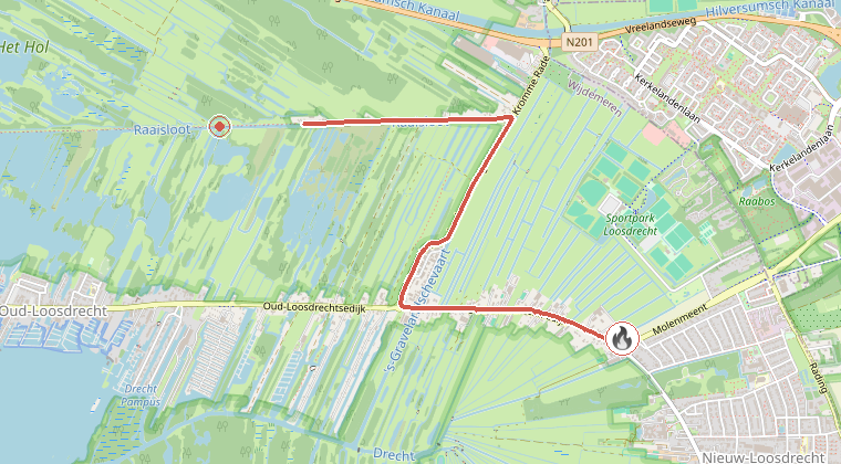 Kaart van de omgeving van de melding, met de kazerne die is gealarmeerd