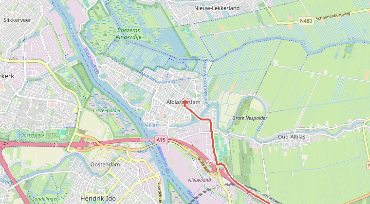 Kaart van de omgeving van de melding, met de kazerne die is gealarmeerd