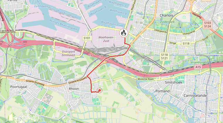 Kaart van de omgeving van de melding, met de kazerne die is gealarmeerd