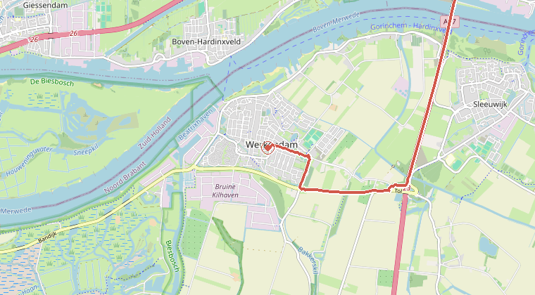 Kaart van de omgeving van de melding, met de kazerne die is gealarmeerd