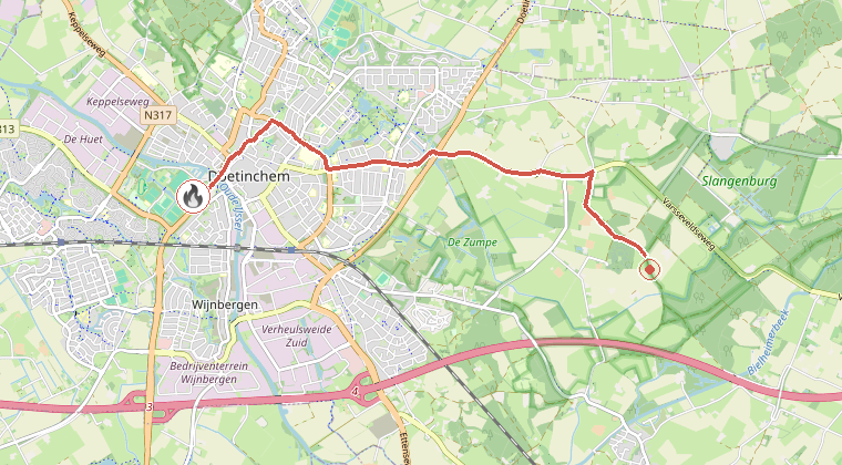 Kaart van de omgeving van de melding, met de kazerne die is gealarmeerd