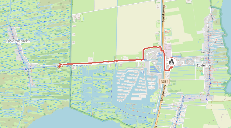 Kaart van de omgeving van de melding, met de kazerne die is gealarmeerd