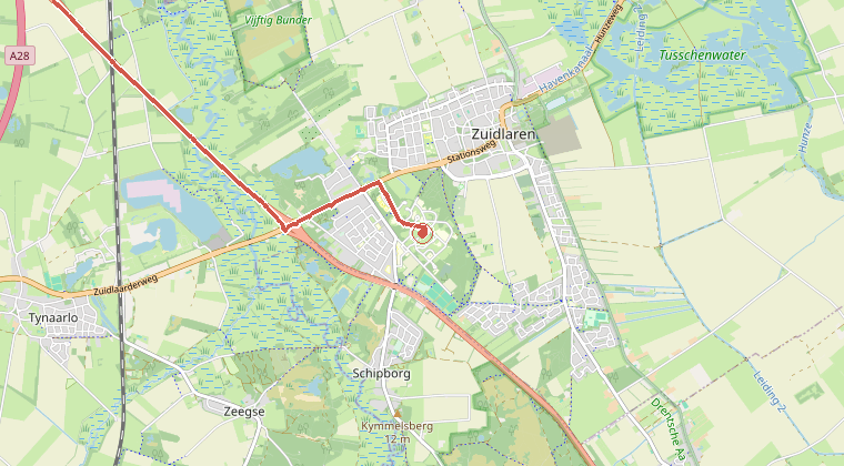 Kaart van de omgeving van de melding, met de kazerne die is gealarmeerd