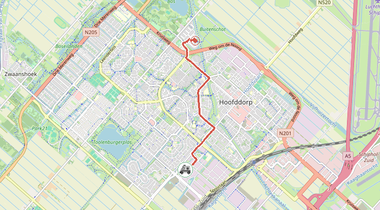 Kaart van de omgeving van de melding, met de kazerne die is gealarmeerd