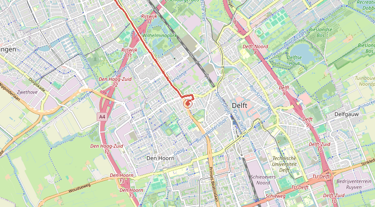 Kaart van de omgeving van de melding, met de kazerne die is gealarmeerd