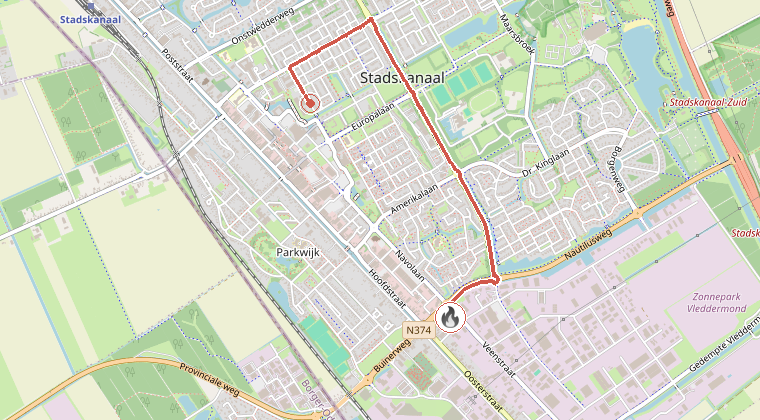 Kaart van de omgeving van de melding, met de kazerne die is gealarmeerd