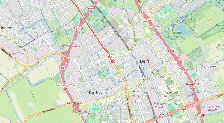 Kaart van de omgeving van de melding, met de kazerne die is gealarmeerd