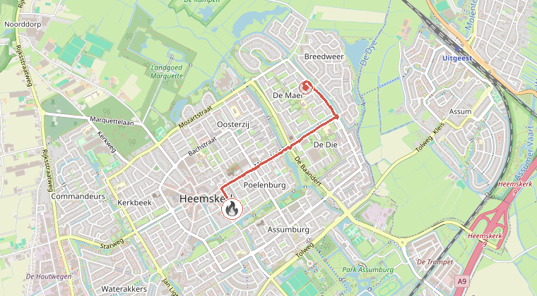 Kaart van de omgeving van de melding, met de kazerne die is gealarmeerd