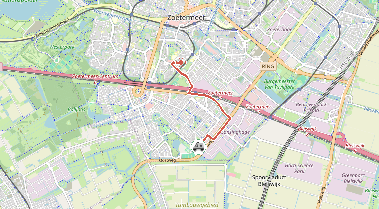 Kaart van de omgeving van de melding, met de kazerne die is gealarmeerd