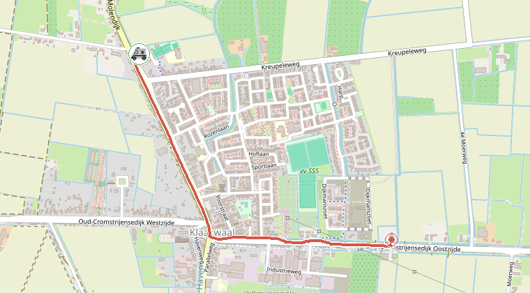 Kaart van de omgeving van de melding, met de kazerne die is gealarmeerd