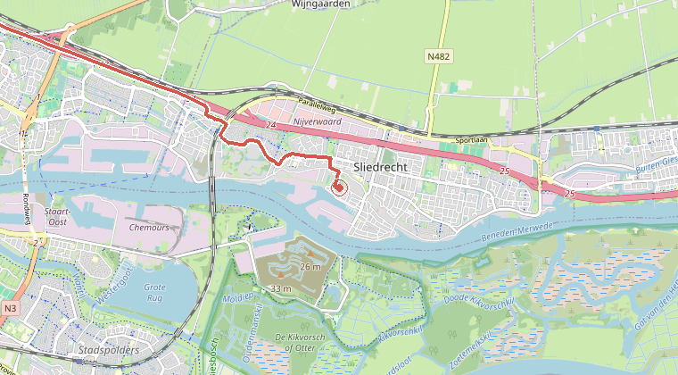 Kaart van de omgeving van de melding, met de kazerne die is gealarmeerd