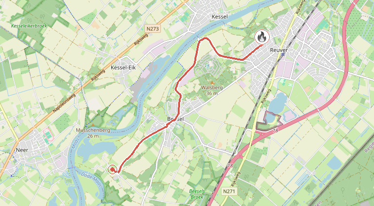 Kaart van de omgeving van de melding, met de kazerne die is gealarmeerd