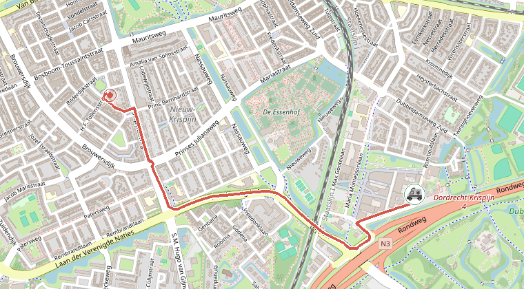 Kaart van de omgeving van de melding, met de kazerne die is gealarmeerd