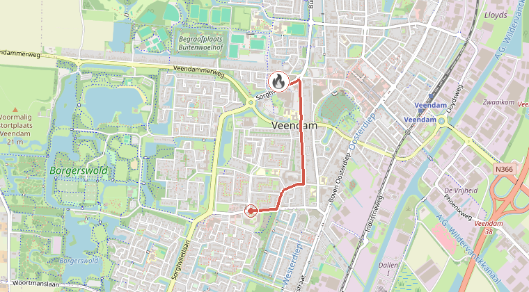 Kaart van de omgeving van de melding, met de kazerne die is gealarmeerd