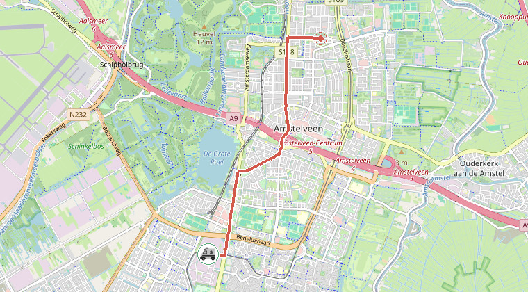 Kaart van de omgeving van de melding, met de kazerne die is gealarmeerd