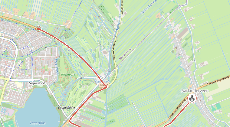 Kaart van de omgeving van de melding, met de kazerne die is gealarmeerd
