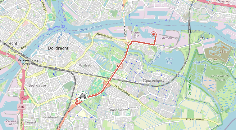 Kaart van de omgeving van de melding, met de kazerne die is gealarmeerd