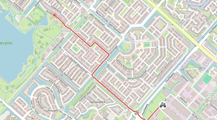 Kaart van de omgeving van de melding, met de kazerne die is gealarmeerd