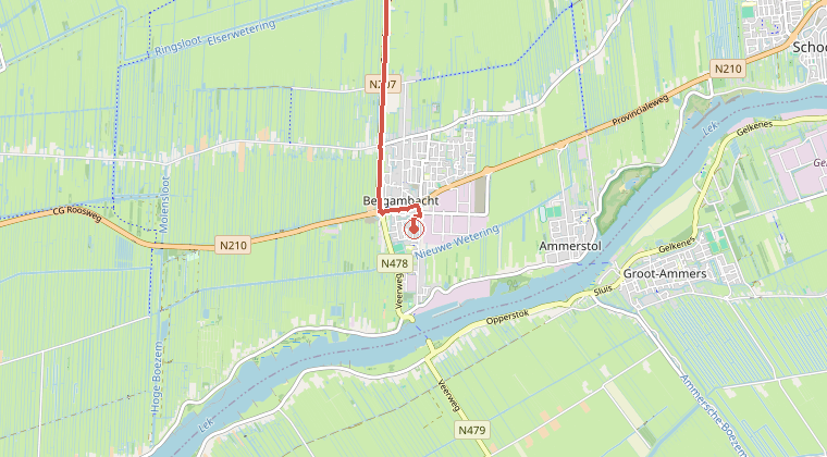 Kaart van de omgeving van de melding, met de kazerne die is gealarmeerd