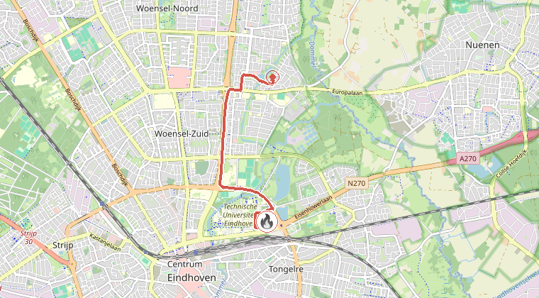 Kaart van de omgeving van de melding, met de kazerne die is gealarmeerd