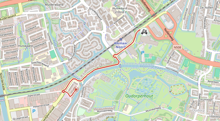 Kaart van de omgeving van de melding, met de kazerne die is gealarmeerd