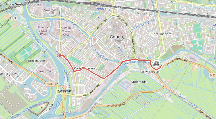 Kaart van de omgeving van de melding, met de kazerne die is gealarmeerd