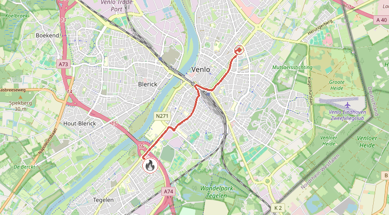 Kaart van de omgeving van de melding, met de kazerne die is gealarmeerd